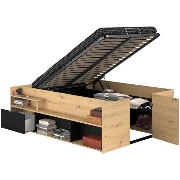 ODYSSEE Lit coffre adulte - 140x190 / 200 cm - Avec coffre relevable - Décor chêne et noir - 1662 x 665 x 2058 cm