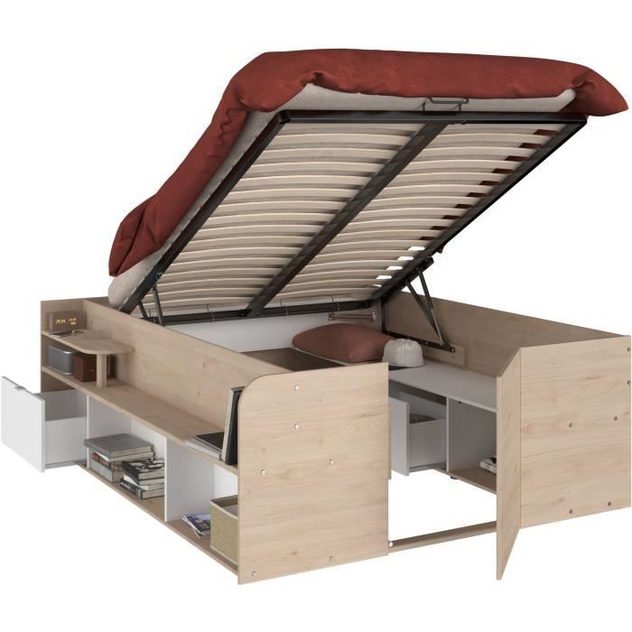 ODYSSEE Lit coffre adulte - 140x190/200 cm - Avec coffre relevable - Décor chêne et Blanc - 1683x665x2095 cm