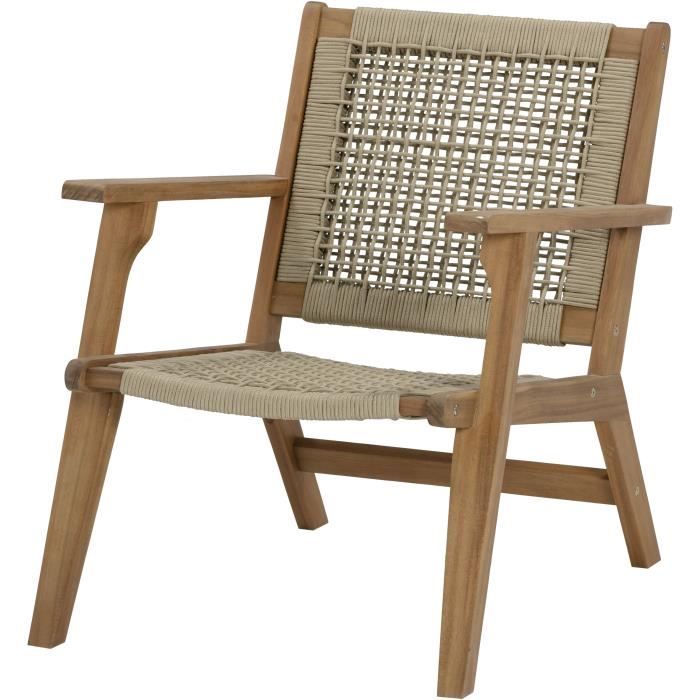 Fauteuil de jardin bas en bois d'Acacia FSC et en corde - modèle MERIDA - Vert olive