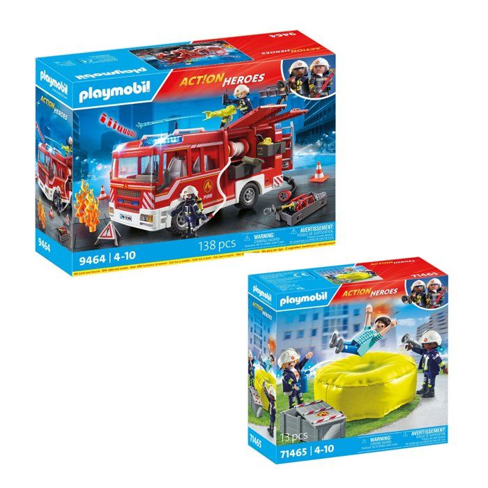 Playmobil pack Pompier : Fourgon dintervention (9464) + Pompiers avec coussin (71465)