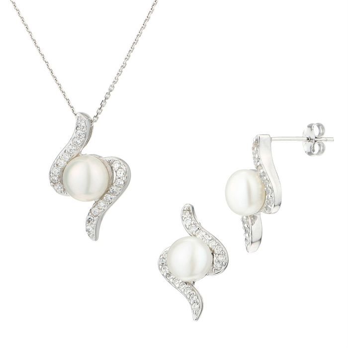 Parure De Bijoux Femme Argent 925 Avec Perles D'Eau Douce Et Zirconium | Collier 45cm - Élégant