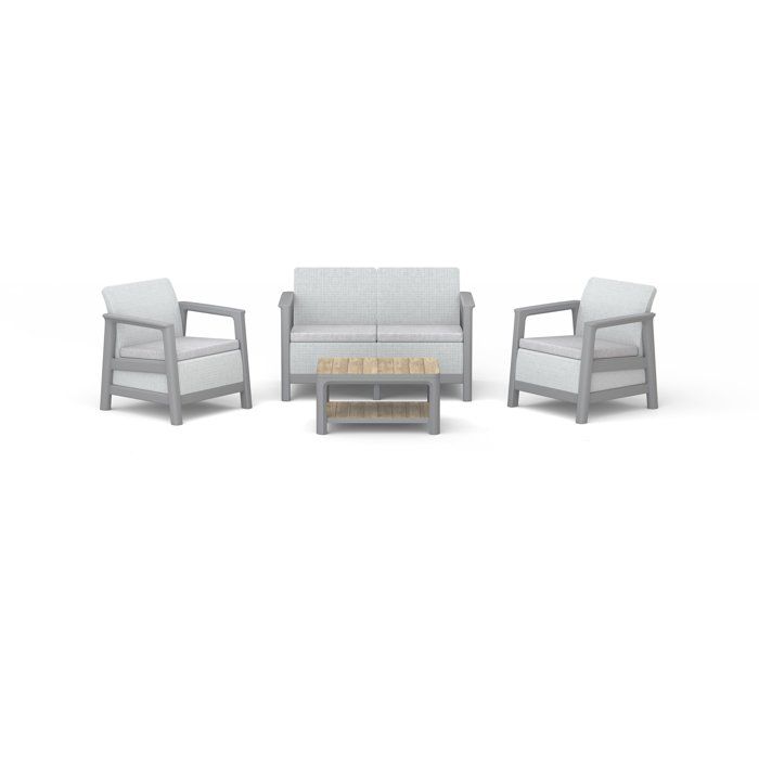 Salon bas de jardin - Résine - 4 personnes - Keter - Scandi Linea - Table 2 plateaux imitation bois - Imitation canage beige