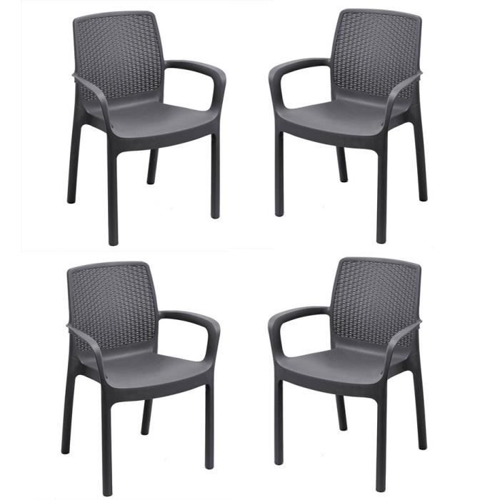 Lot De 4 Fauteuil Empilable Regina En Résine Tréssée Gris Anthracite