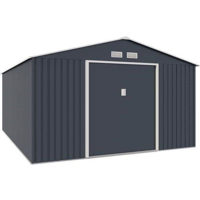 Abri de jardin en métal 1516 m² - 340 x 446 x 210 - SATURNE - Kit dancrage inclus 2 portes coulissantes - Gris