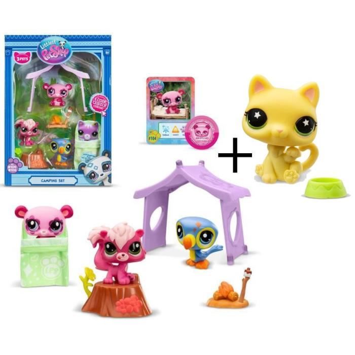 Bandai Littlest Pet Shop Pack Set Camping 3 Animaux et Accessoires Littlest Pet Shop LPS Panda Écureuil Toucan Coffret Jouet Mini Figurines Animaux Mignons Jouet Enfant et + BF00574