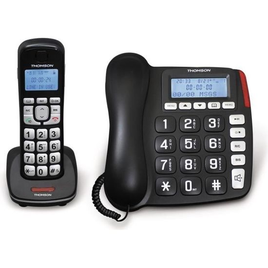 Téléphone Thomson Comby 2 en 1 - Base Filaire + Téléphone Sans Fil - Noir
