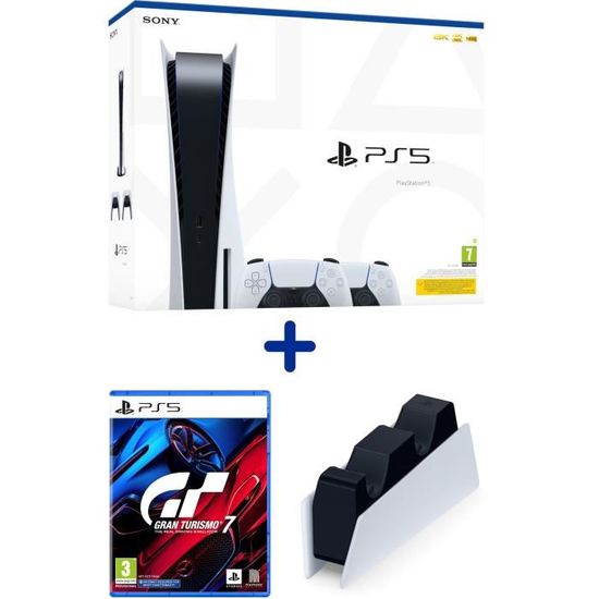 Pack PS5 Standard : Console PS5 Standard + 2ème Manette DualSense Blanche + Gran Turismo 7 + Station de Charge pour DualSense