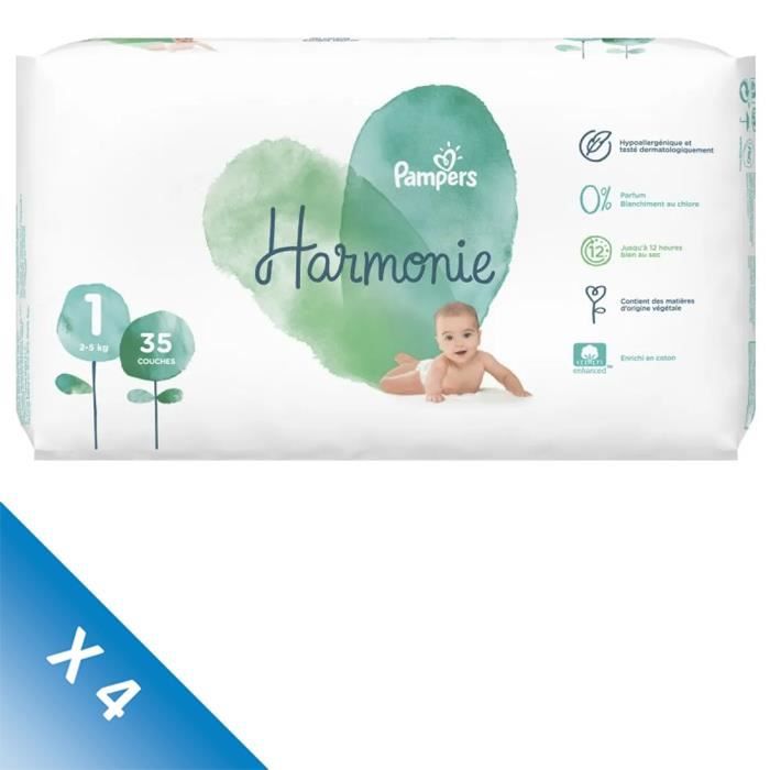 PAMPERS Lot de 4 paquets de couches Harmonie Pack familiale Taille 1 140 couches Cdiscount