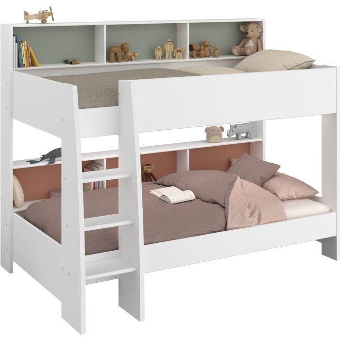 PARISOT Lits superposés enfant 2 x 90x200 cm - Décor Vert Céladon/Terracotta et Blanc Ombre - Sommiers inclus - JIM
