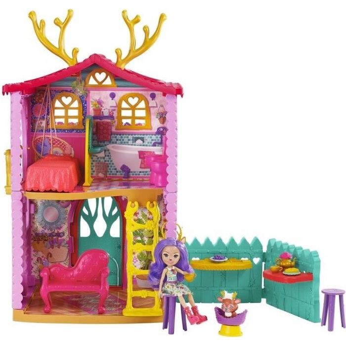 enchantimals - nouvelle maison danessa biche 53 cm avec poupée, figurine animal, accessoires - maison mini-poupée - dès 4 ans