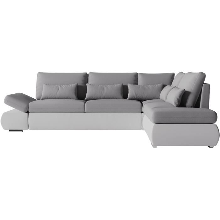 Canapé d'angle réversible convertible SEVARA 4 places - PU blanc et tissu gris clair - Coffre de ran