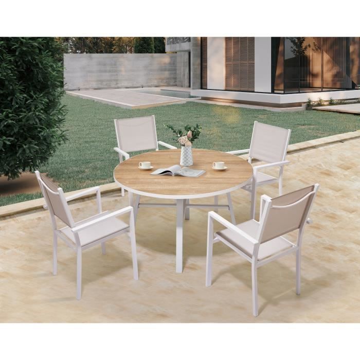 Ensemble repas de jardin table ronde Diam. 120cm et 4 fauteuils - Aluminium Blanc