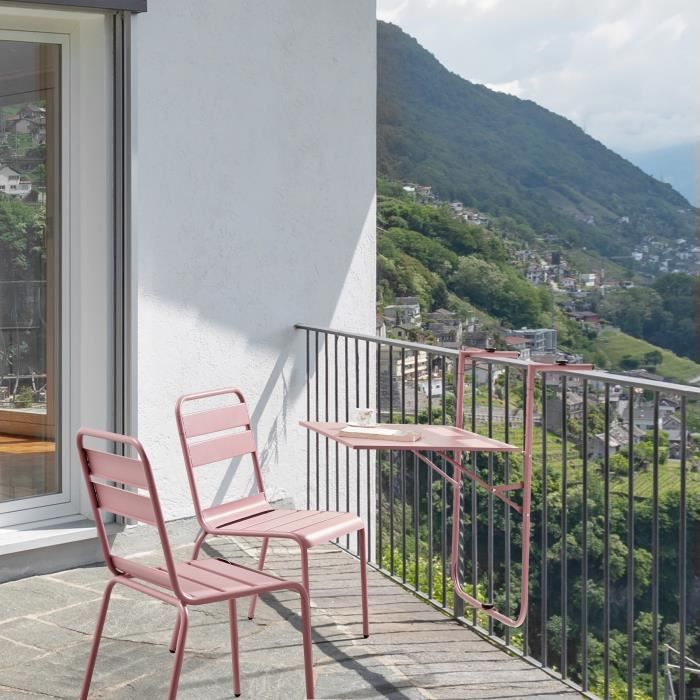 Ensemble repas balcon - plateau table et lot de 2 chaises - Acier - Rose pale