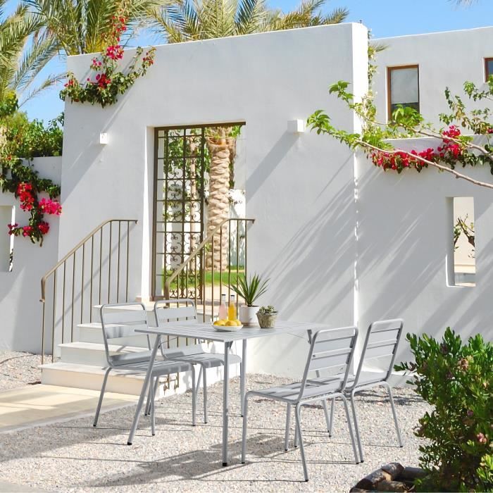 Ensemble repas de jardin rectangulaire 120 cm et lot de 4 chaises - Acier - Gris