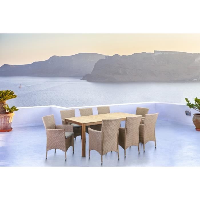 Ensemble repas de jardin 8 personnes et 8 chaises corde grise - 180x90cm - Acacia FSC