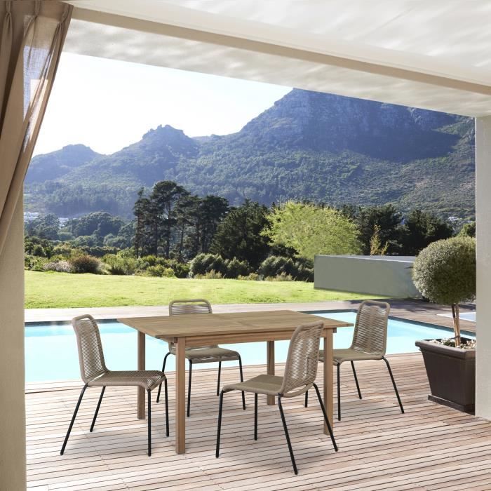 Ensemble repas de jardin carré extensible 100/140x140cm Acacia et 4 chaises cordes beige