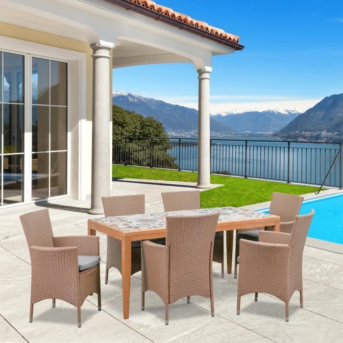 Ensemble repas de jardin 162cm - Bois + céramique carreau de ciment et 6 fauteuils résine tressée