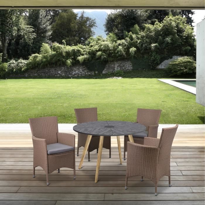 Ensemble repas de jardin table ronde Diam 110cm Acier thermolaqué + nassilium en lamelles et 4 fauteuils résine tressée