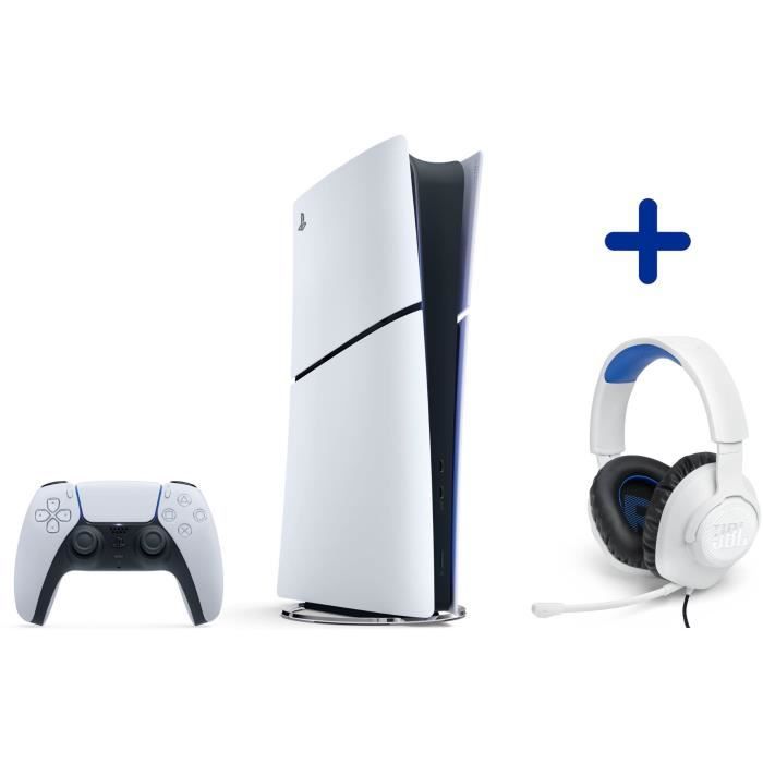 Pack PS5 Digital : Console PlayStation 5 (modèle Slim) + Casque-Micro Gaming - JBL - Quantum 100 - Blanc / Bleu