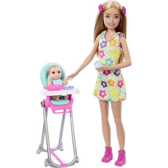 Barbie Skipper Babysitters Inc. – Coffret De Baby-sitting Heure Du Repas – Poupée, Bébé, Chaise Haute Et 7 Accessoires – Couleur Changeante à L'eau