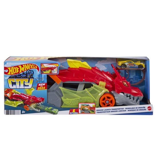 Hot Wheels City - Transporteur Dragon Lanceur 2-en-1 - Camion / Petite voiture - Dès 3 ans GTK42