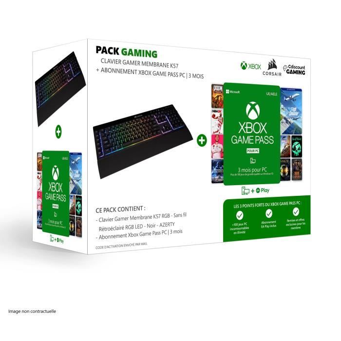 PACK CORSAIR Clavier Gamer Membrane K57 RGB - Sans fil - AZERTY +  Abonnement Xbox Game Pass 3 mois pour PC - Code de téléchargement -  Cdiscount Jeux vidéo