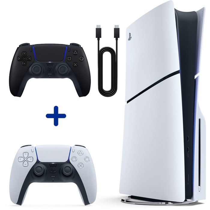 Pack PS5 Standard (avec lecteur CD) : Console PlayStation 5 (Modèle Slim) + 2ème manette DualSense Noire - avec câble USB pour PC