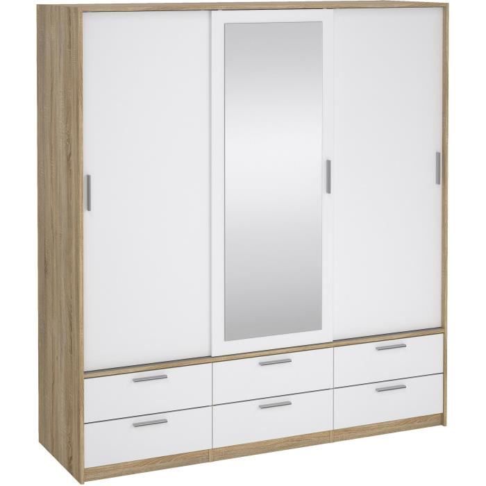 Armoire 3 portes coulissantes - 6 tiroirs - Décor Blanc et chêne + miroir - L1814 x P60 x H200 cm - ONTARIO