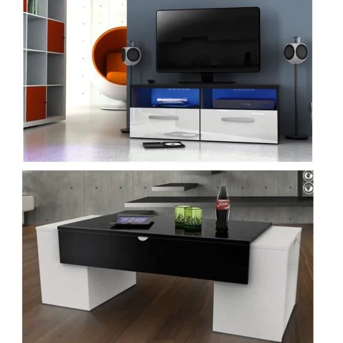 Lucky Salon Complet Blanc Et Noir Brillant Led Cdiscount Maison