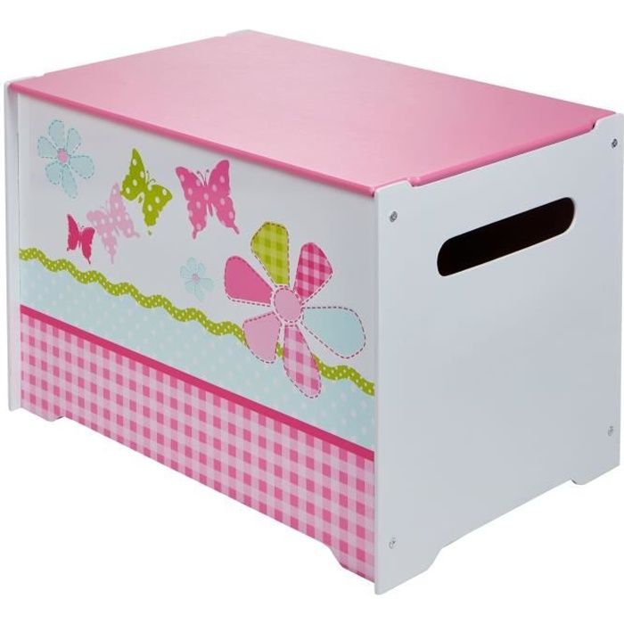 Coffre à Jouets Enfant en bois avec couvercle HelloHome Rose et Blanc