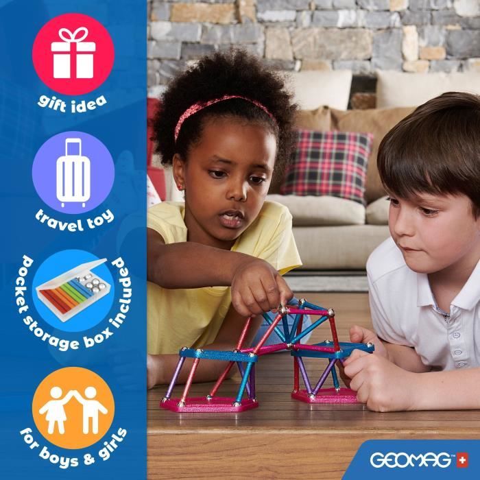 Geomag - Glitter - 22 Pièces - Constructions Magnétiques à Paillettes pour Enfants Dès 3 Ans - Blocs Magnétiques avec 8 Bâtonnets, 8 Boules, 6 Plaques