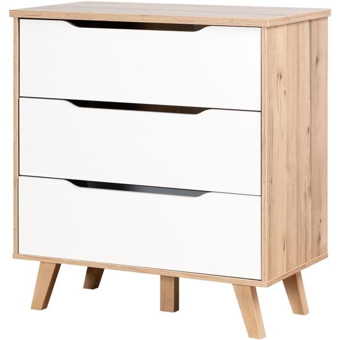 Commode VANKKA 3 Tiroirs - Décor chêne et blanc - Scandinave - L 80 x P42 x H863cm