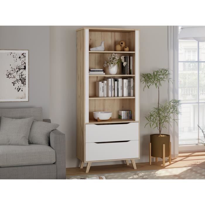 Bibliothèque - VANKKA - 4 étagères - 2 tiroirs - Chêne / Blanc - 877 x 417 x 2015 cm
