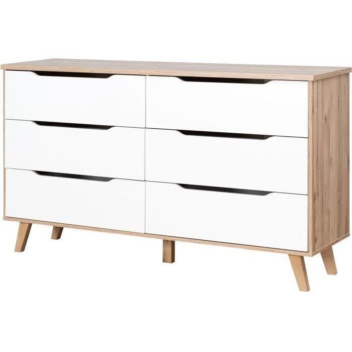Commode VANKKA 6 tiroirs - Décor chêne et blanc - Scandinave - L 154 x P 42 x H 86 cm