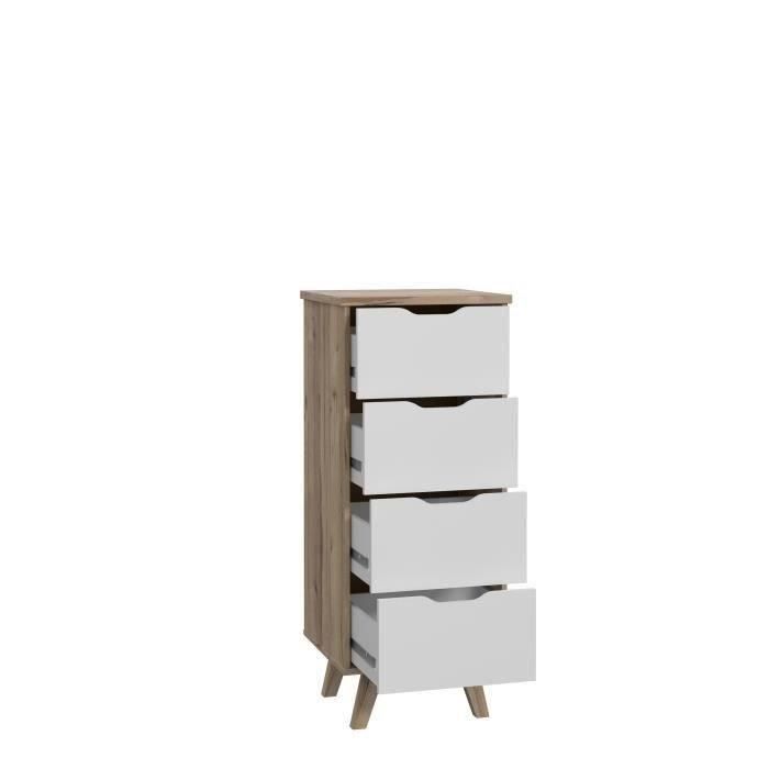 chiffonnier 4 tiroirs - en panneaux de particules - décor chêne et blanc - contemporain - l 45 x  p 42 x h 108 cm