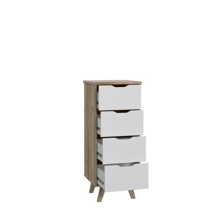 Chiffonnier VANKKA 4 Tiroirs - Décor chêne et blanc - Style scandinave - L 45 x P 42 x H 108 cm