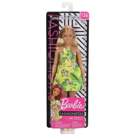 Cheveux Bruns Ondulés Sac Réutilisable Bandeau Doré HBV16 Barbie Poupée Barbie Fashionistas n° 182 Sandales Ecrues Cadeau dès 3 ans Robe Fleurie