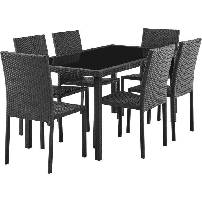 Ensemble repas de jardin - plateau en verre trempé et 6 chaises en résine tressée noir - Table 160x80x73 cm - Chaise : 44x54x88 cm
