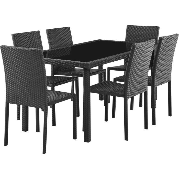Ensemble repas de jardin - table en verre trempé et 6 chaises en résine tressée noir - Table 160x80x