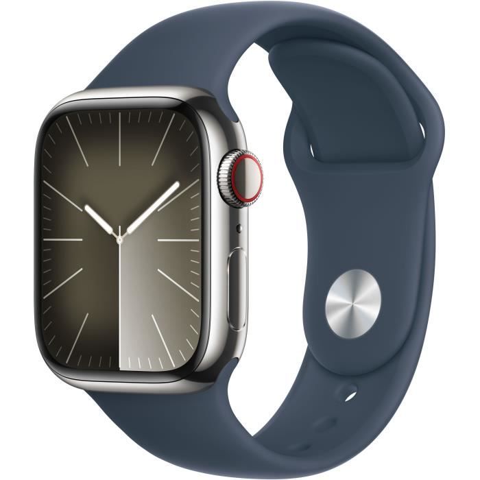 Apple Watch Series 9 GPS + Cellular - 41mm - Boîtier Acier Argent - Bracelet Storm Blue Sport Band -