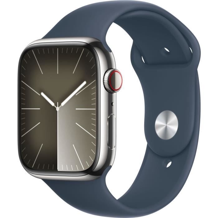 Apple Watch Series 9 GPS + Cellular - 45mm - Boîtier Acier Argent - Bracelet Storm Blue Sport Band -