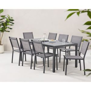 Ensemble table et chaise de jardin Ensemble repas de jardin : Table 180 cm + 8 chaises - Structure aluminium - Plateau verre trempé - Gris