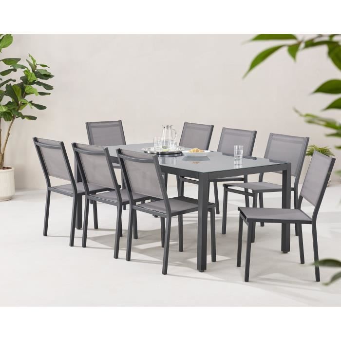 Ensemble repas de jardin : Table 180 cm + 8 chaises - Structure aluminium - Plateau verre trempé - Gris