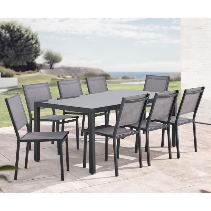 Ensemble repas de jardin : Table 180 cm + 8 chaises - Structure aluminium - Plateau verre trempé - Gris