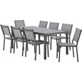 Ensemble repas de jardin : Table 180 cm + 8 chaises - Structure aluminium - Plateau verre trempé - Gris-1