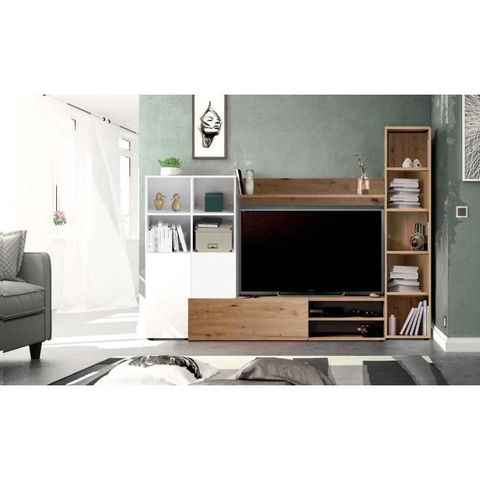 Ensemble Meuble TV LYRA : Vitrine + meuble TV + étagère - Mélaminé blanc et chêne - 3 Portes - L240 