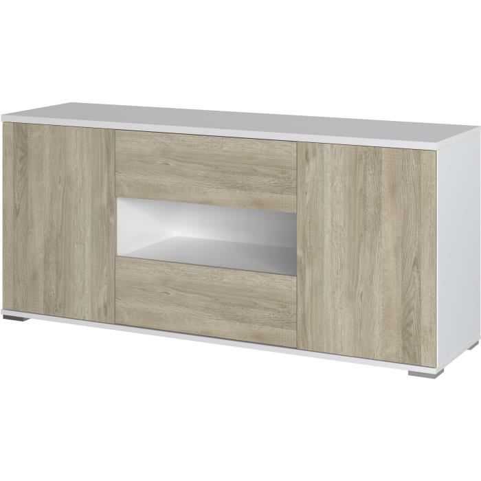 Meuble TV haut STAR - 2 Portes et 2 Tiroirs - Mélamine Blanc et chêne - L 150 x P 42 x H 67 cm