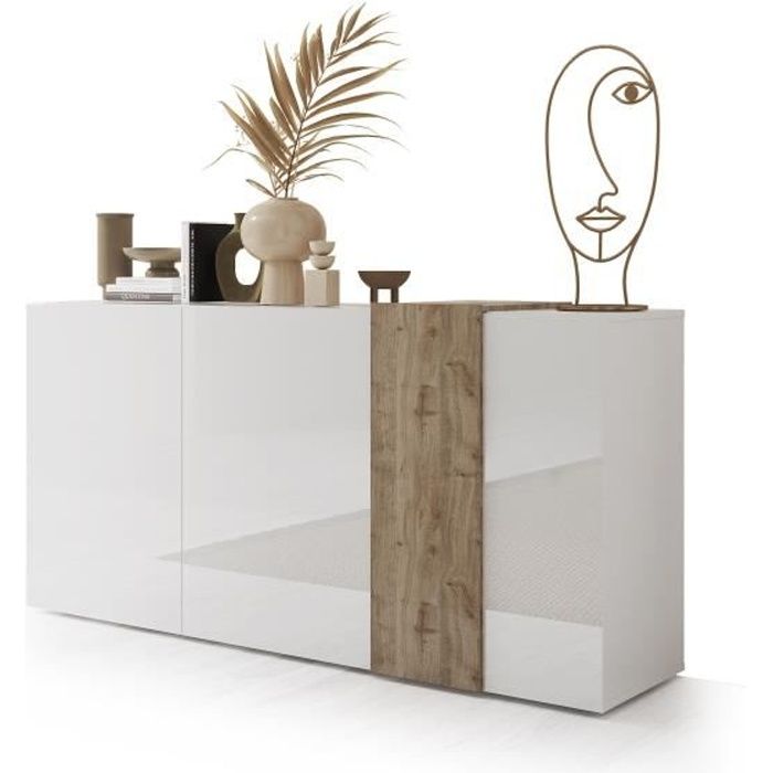 Buffet 3 Portes VENEZIA - Blanc laqué brillant et chêne Cadiz - L 181 x P 44 x H 84 cm