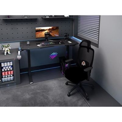 HOMCOM HOMCOM Bureau gaming d'angle bureau gamer bureau informatique  bracket casque porte-gobelet étagère écran réglable métal panneaux texture  carbone noir pas cher 