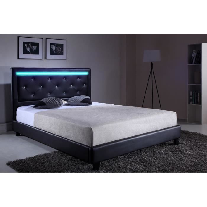 Gris revêtement synthétique tête de lit avec LED intégrées Sensoreve-Lit Double pour Adulte Couchage 160 x 200 cm avec sommier 2 Places pour 2 Personnes